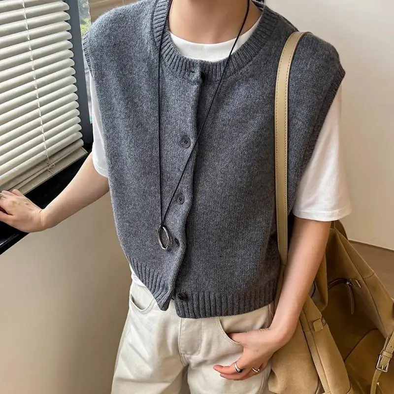 

Wool Sleeveless Round Neck Knitted Vest Cardigan Women Early Autumn New Style Layered Gray Sweater Vest Top