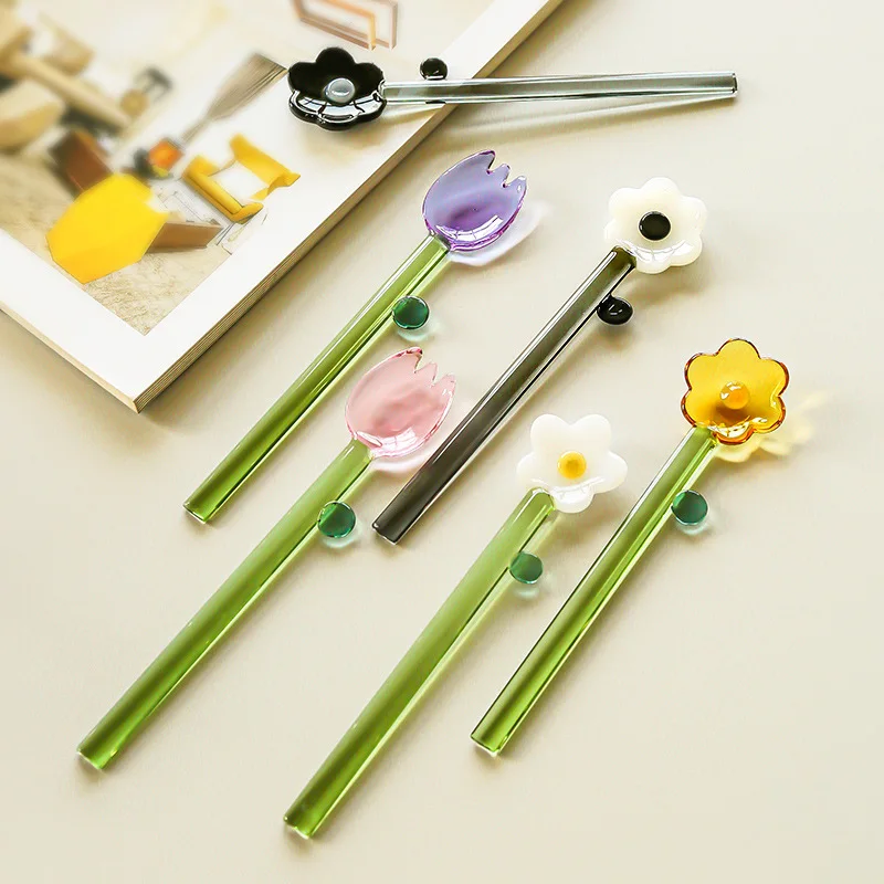 

Creative High Borosilicate Colored Transparent Glass Spoon Long Handle Flower Ice Cream Dessert Spoon Coffee Stirring Stick