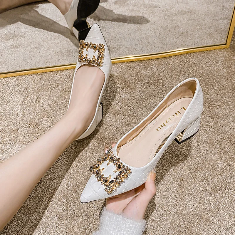 Plus Size Shoes for Women Chunky Heels Pumps New Girl Pointed Toe High Heels Shoes Rhinestone Dress Shoes