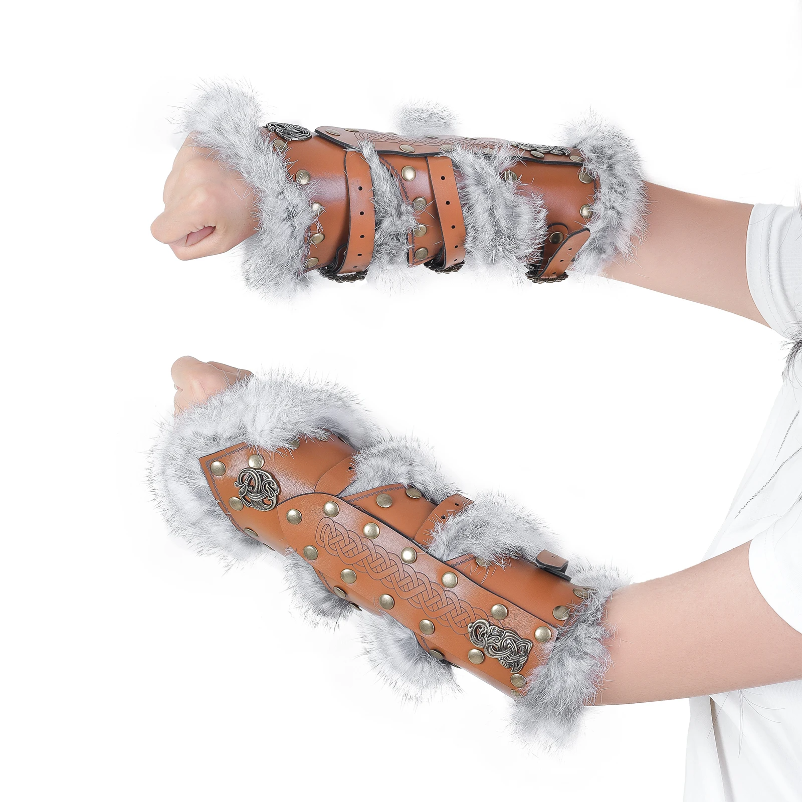 Adult Halloween Vintage Fur Leather Wrist Guards Medieval Viking Cuff Armor Wristband Cosplay Knight Costume Armband