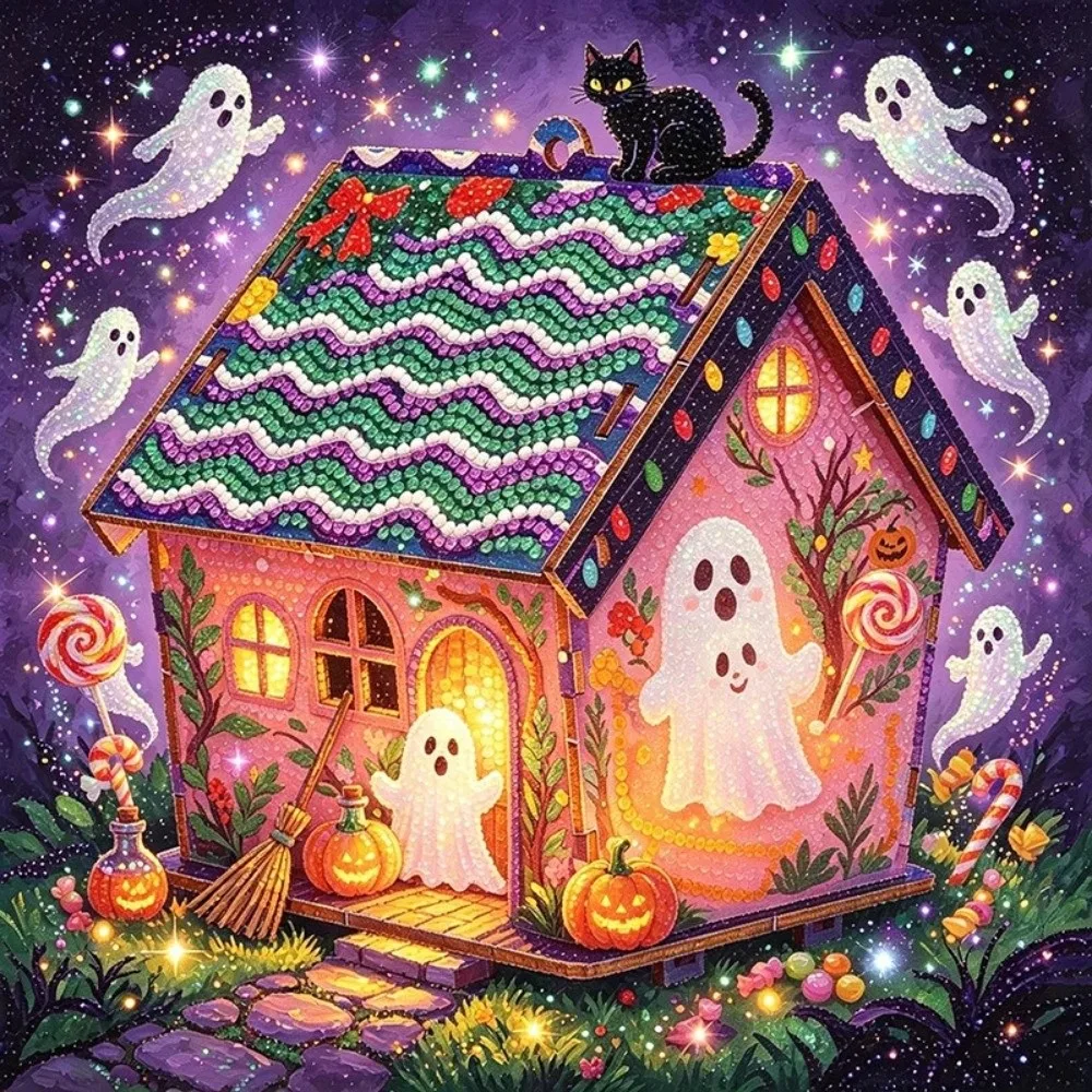 3D Wooden House Halloween Rhinestone Painting Kit Spooky Ghost Pumpkin Pattern DIY Craft Kit Pearl Art Cute Handmade Craft Set
