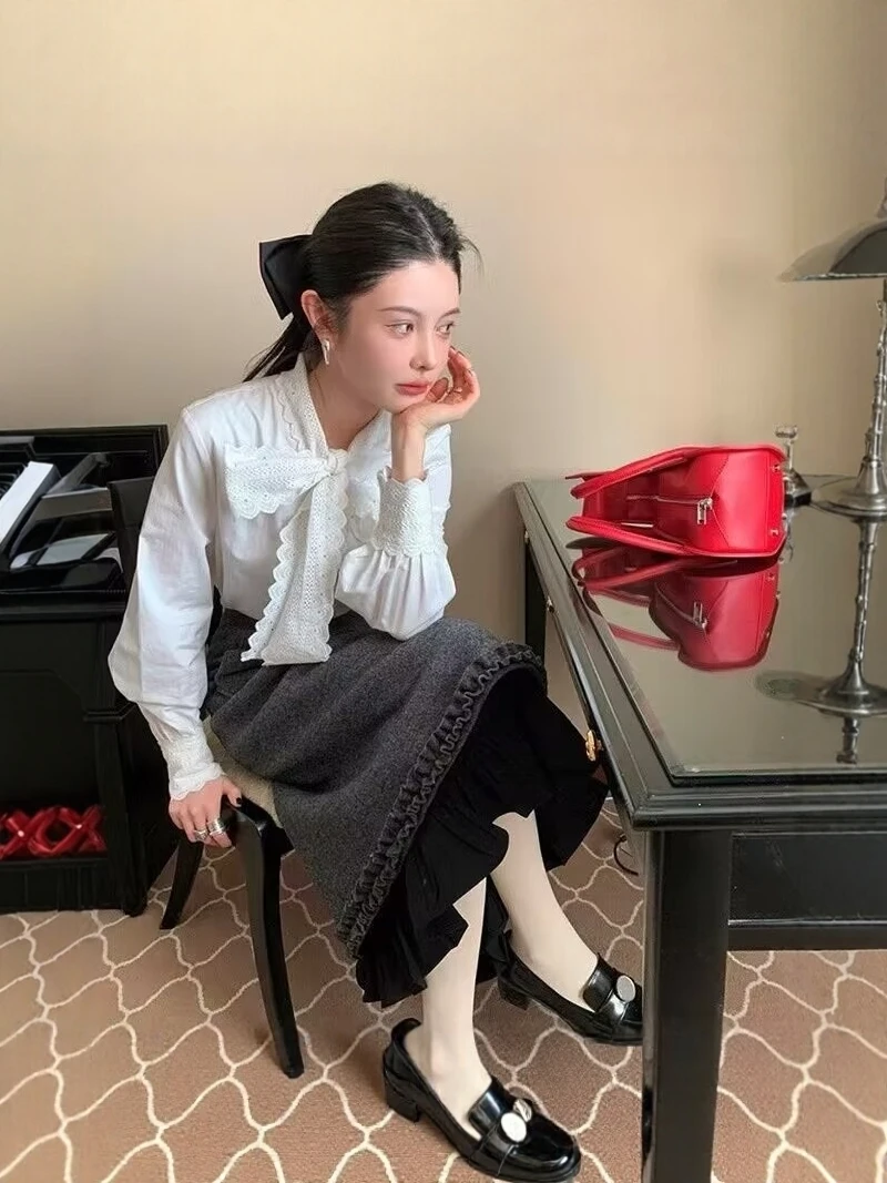 

White Ruffle Tie Knot Long Sleeve Shirt Women's Spring Design Sweet Anti-Aging French Style Straight Cut Top