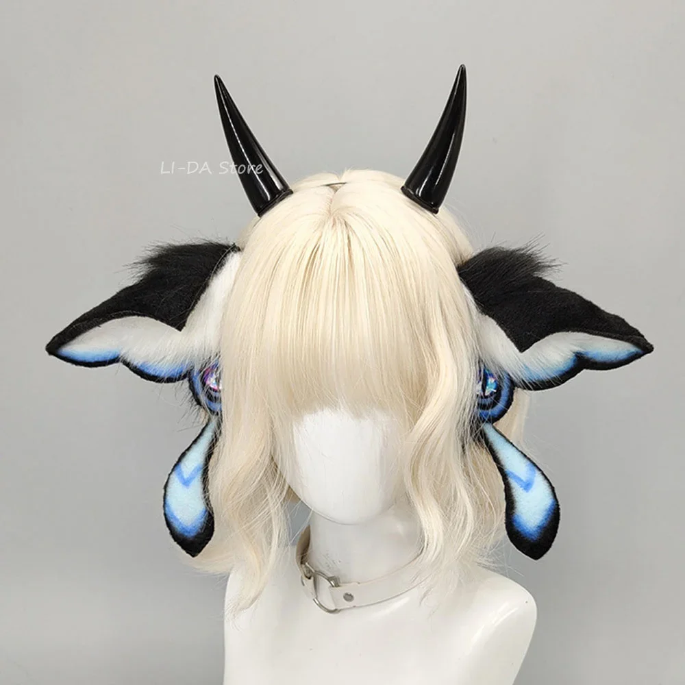 Fluffy Fantasy Moth Antennae Headband, Gothic Demon Creature Ears Prop for Halloween Costume & Anime Convention Cosplay