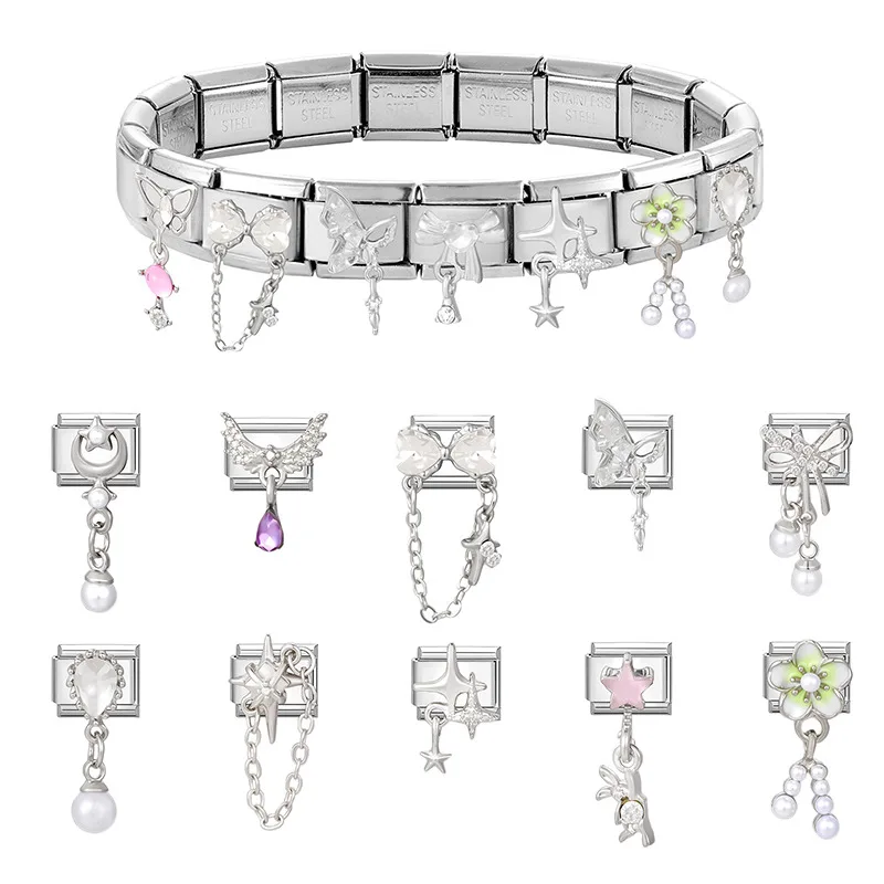

Y2K Zircon Heart Butterfly Moon Star Bow Pearl Pendant Italian Charm Links Fit 9MM Stainless Steel Bracelet Girls' DIY Making