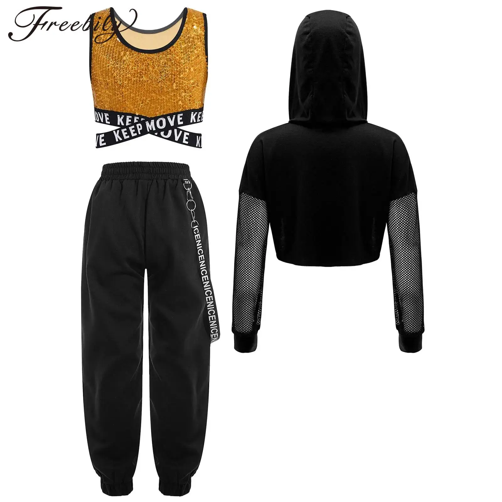 Sparkling Sequins Vest with Metal Chain Pocket Pants Kids Girls Hoodie Hip-hop Clothes Children Jazz Dance Costume Disco Outfit