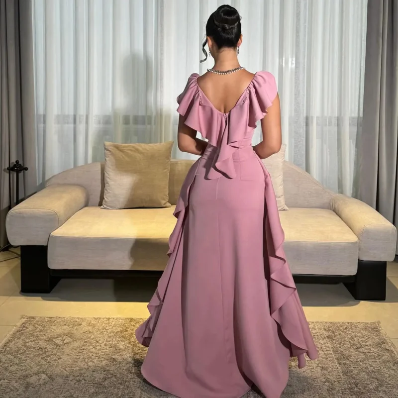 Indie Saudi Elegant Pink Backless Prom Gown Women Ruffle Party Evening Dress Floor Length Formal Occasion Dresses customized