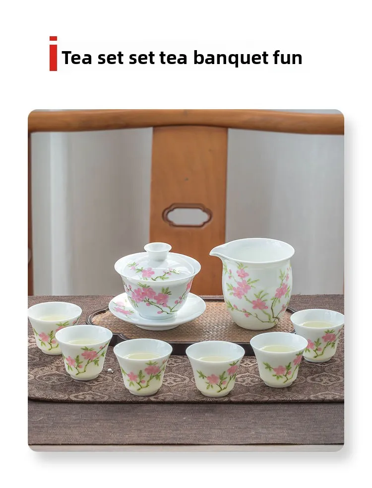 جينغدتشن الراقية السيراميك اليدوية الجديدة الصينية رسمت باليد نقطة المياه الباستيل زهر الخوخ فنجان الشاي مجموعة #6