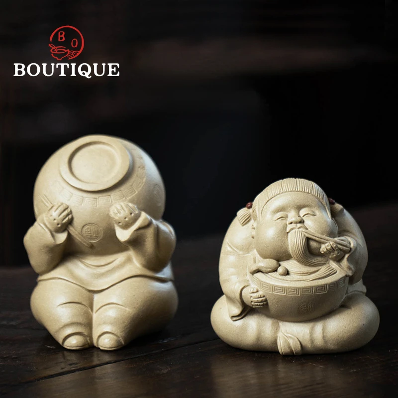 Yixing Dining People Character Sculpture Purple Clay Tea Pet Handmade Tea Figurine Ornaments Chinese Tea Set Decors Art Gift Box