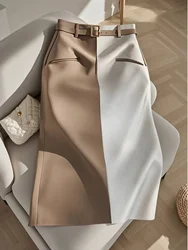Coigarsam Spring French Style Contrast Color High Waist A-Line Skirts for Women - Elegant Office Commuter Skirt with Belt