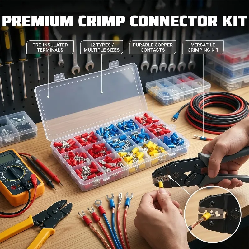 280PCS SN-02C Crimping Tool Kit with Insulated Ring Terminals O Type Connectors, Multi Size Wire Crimper Set for Auto Motorcycle