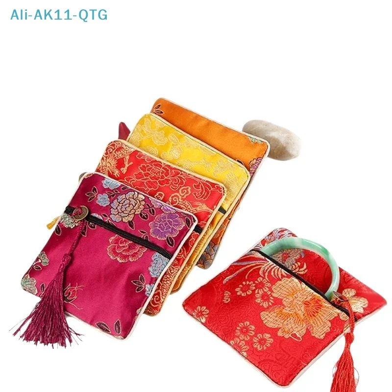 [New] Chinese Brocade Square Storage Bag With Embroidery Pattern Tassel Zipper For Jewelry Small Items Daily Use
