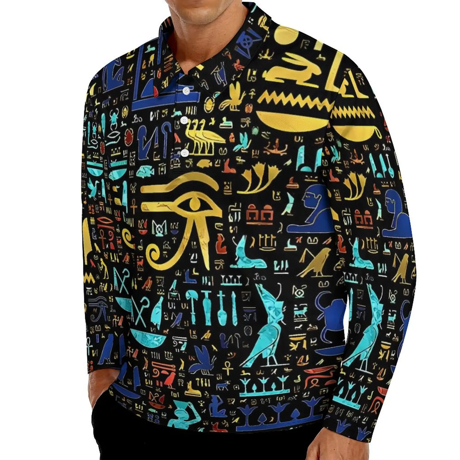 Colorful  Ancient Egyptian Art Hieroglyphic Casual T-Shirts Men Long Sleeve Polo Shirts Turn-Down Collar Spring Graphic Shirt