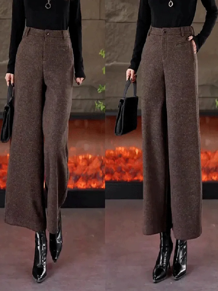 High Waist Wide Leg Pants Women's Woolen Trousers Spring New Style Slimming Nine Points Small Size Drape Straight Leg Pants