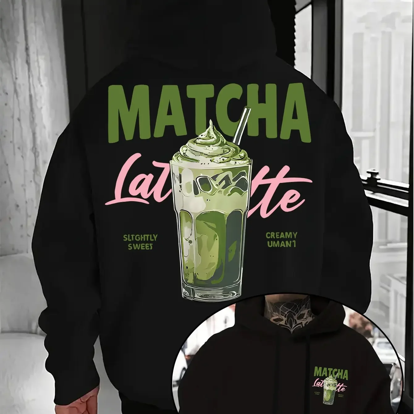 Autumn/Winter Japanese Street Style Men's Hooded Sweatshirt Loose Fit Retro Matcha Latte Drink Illustration Print Soft Fleece