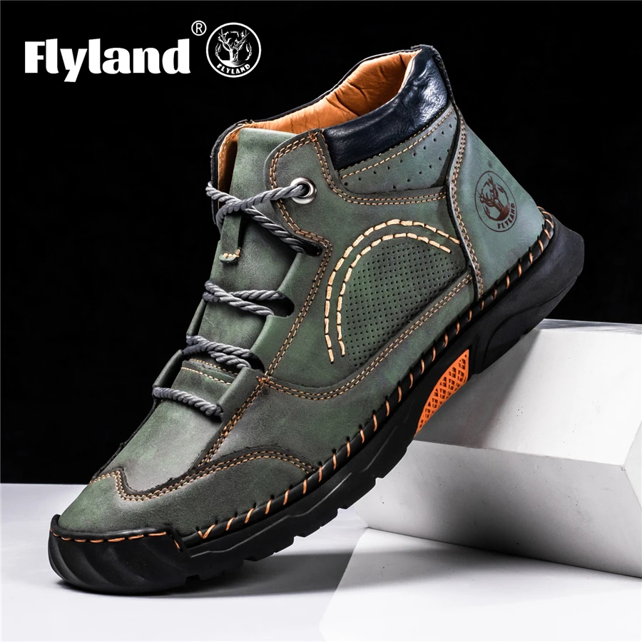 FLYLAND Men\'s Classical Vintage Soft Skin-friendly Feeling Frosted Genuine Leather Business Ankle Boots Handmade Casual Boots