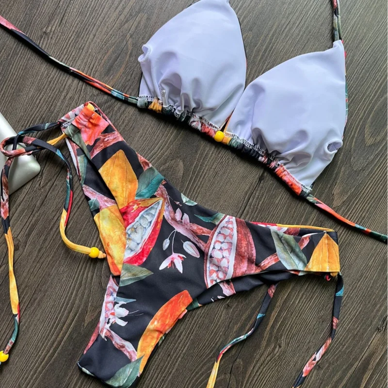 New Bikini Digital Printed Sexy Lace-up Halterneck Triangle Split Swimsuit Female Wholesale