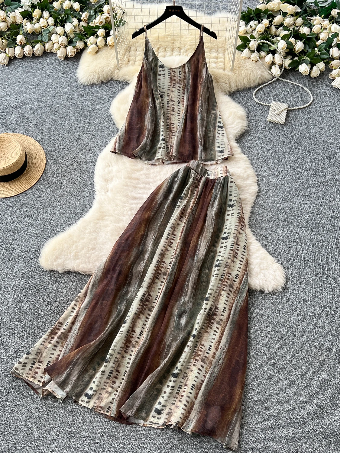 

Vaion Wear Women's Summer Loose Dyeing Print ter Top High Waist Maxi Skirt Set Long Sve round Ne Two-Piece Suit