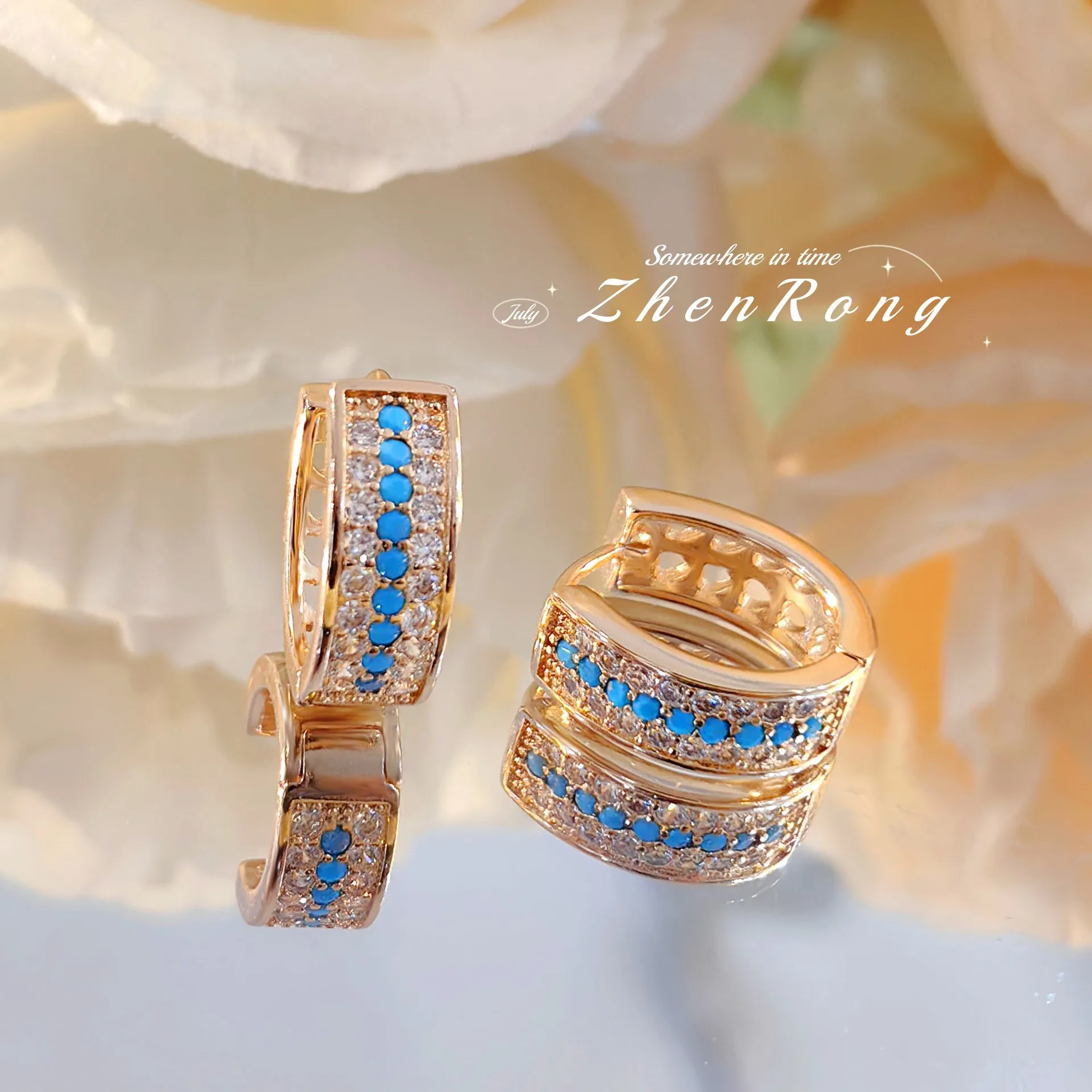 Foydjew Vintage Medieval Style Simulation Blue Turquoise Zircon Earrings U-shaped Design Gold Color Hoop Earrings