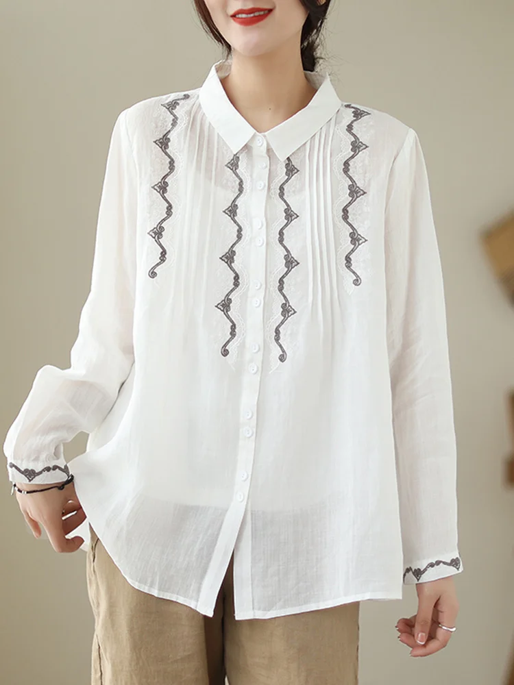 Ele المطرزة القطن الكتان irt طويلة Sve عارضة الياقة فضفاضة تناسب السيدات تخفيف Sle الصيف Faion الأعلى #4