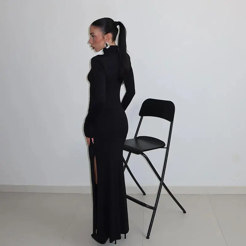 Ele High Collar Long Sve Hollow out Slit Dr Faionable Autumn Winter Women's Clothing Cross-Border High-End Lady S...