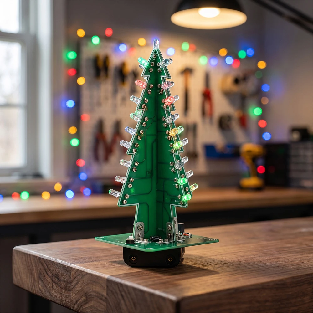 DC 4.5-5V 3D Christmas Tree LED DIY Kit Red/Green/Yellow LED Flash Circuit Kit Electronic Fun Suite Christmas Festival Decor