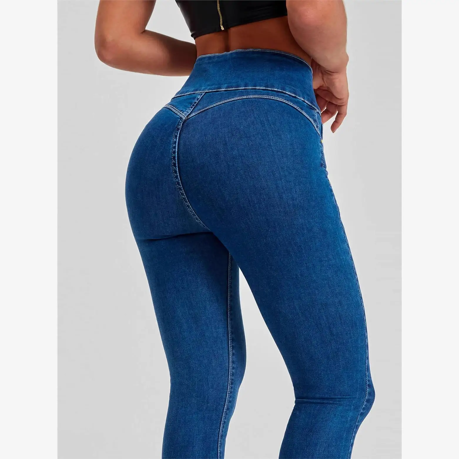 

High Waist Slim Fit Elastic a Bell Bot Jeans Women's Denim Stretchy Long Trousers Blue Color Autumn Season Faion