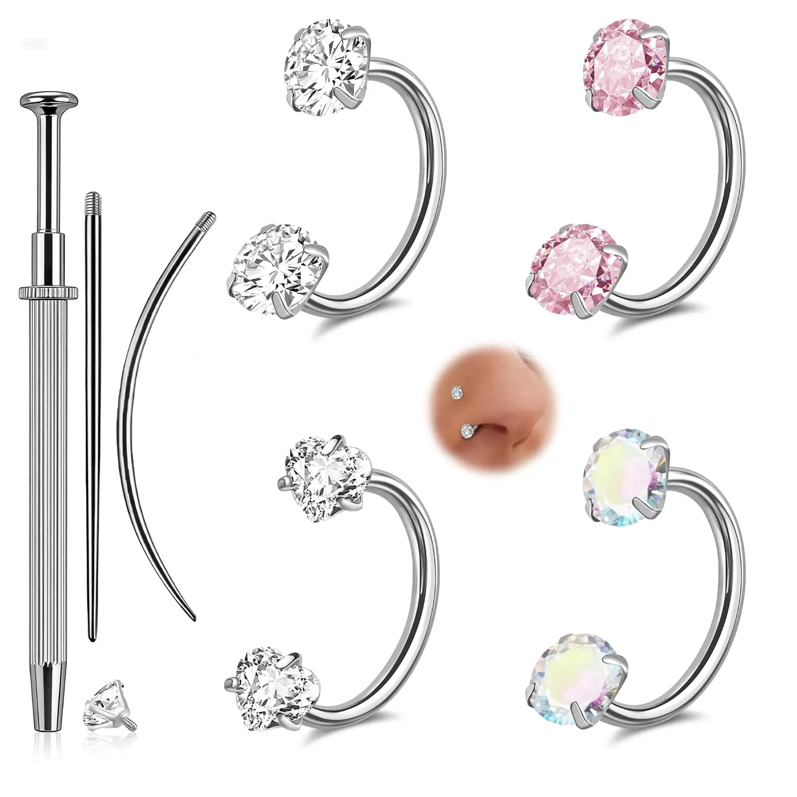 7Pcs 16G Surgical Steel Horseshoe Nose Ring Set CZ Opal Heart Circular Barbell With Install Tool Nose Piercing Jewelry