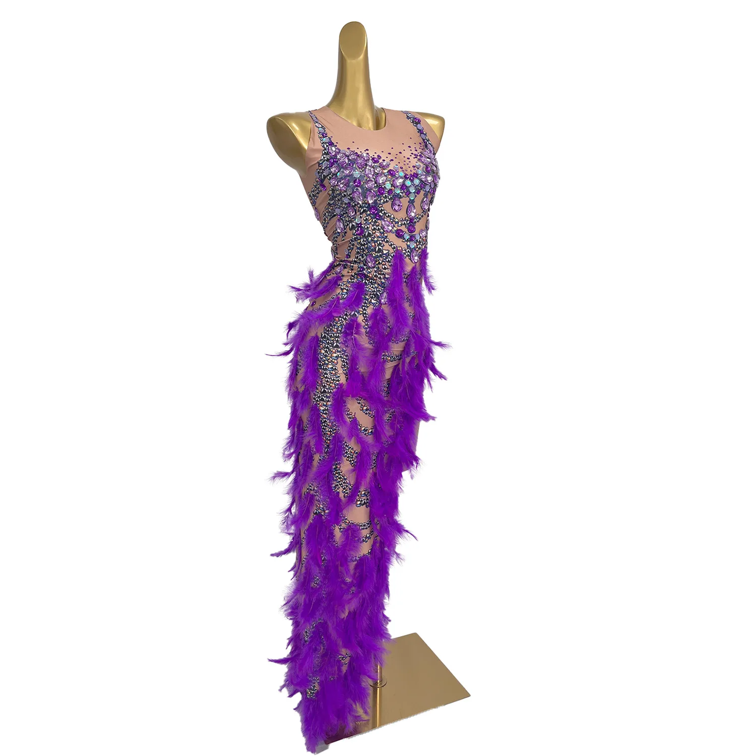 Sexy Purple Crystal Feather Long Dress Women Evening Party Bodycon Dress Singer Stage High Slit Rhinestone Dress Zichuniao