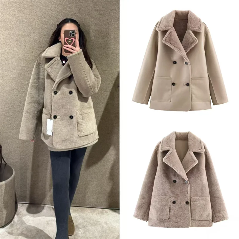 

Women's Coat 2025 Winter New Style Khaki Long-Sleeve Faux Leather Double-Sided Warm Coat Fashionable and Stylish