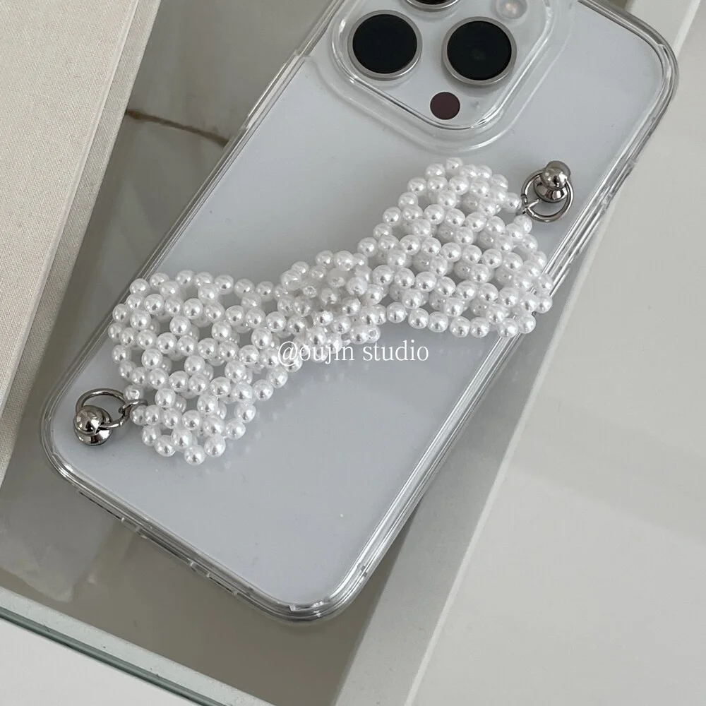 Korean niche ins pearl ribbon bow ribbon transparent shell suitable for 15/14promax/11/13/12 mobile phone case protective cover