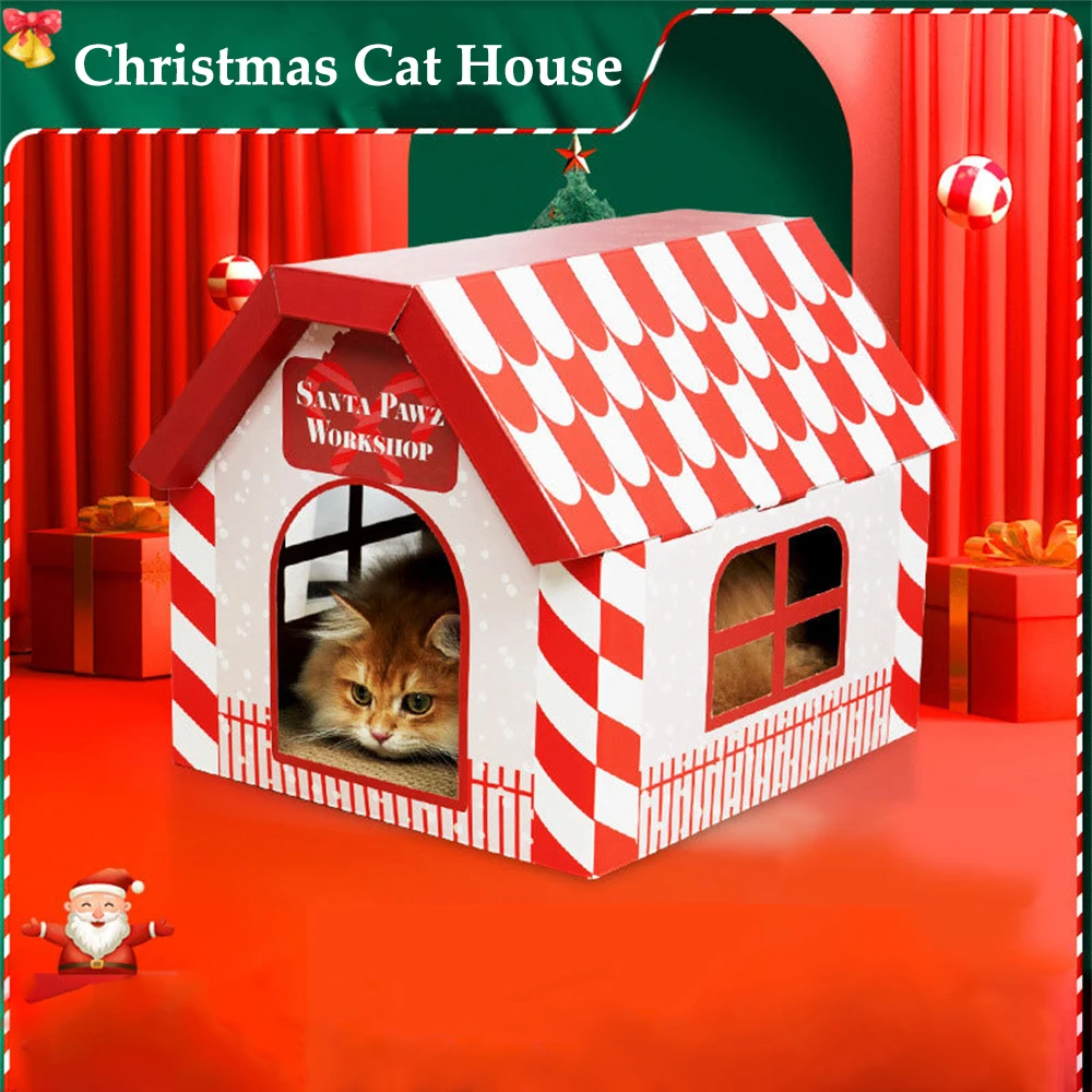 

Christmas Cat House Cardboard Kitten Stratching Board Indoor Cats Scratcher Rabbit Kitten Puppy Papper Box Nest Xmas Decoration