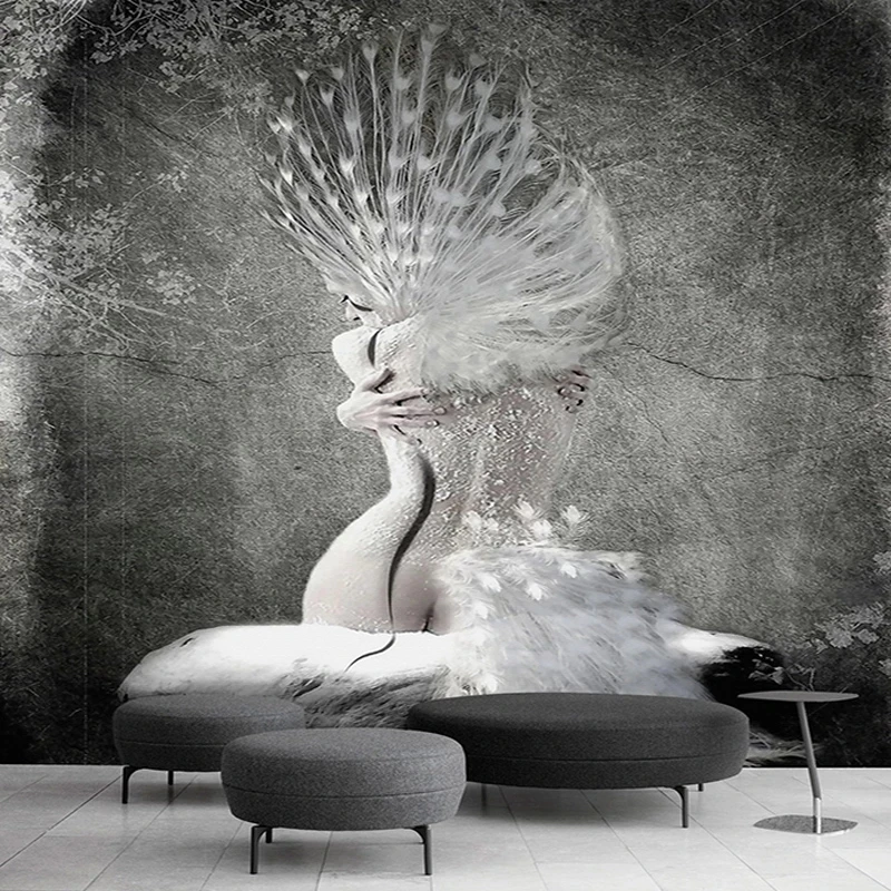 Customized Wallpaper European Nostalgic Creative Black White Peacock Beauty Cement Mural Living room TV background wall bedroom
