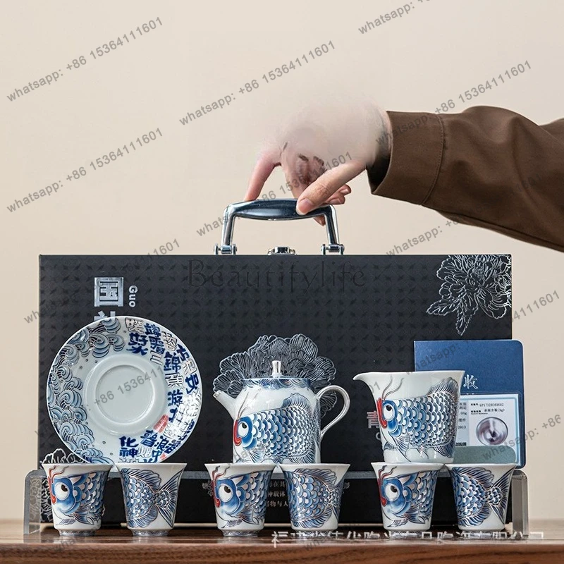 Hongyun koi gilt silver kung fu tea set ceramic tea bowl holiday gift high-end