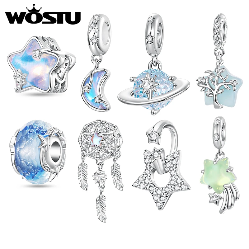 WOSTU DIY Star Moon Charms Bead Firework Zircon Blue Planet Pendant Fit Charm Bracelet, Romantic Universe Series Platinum Plate