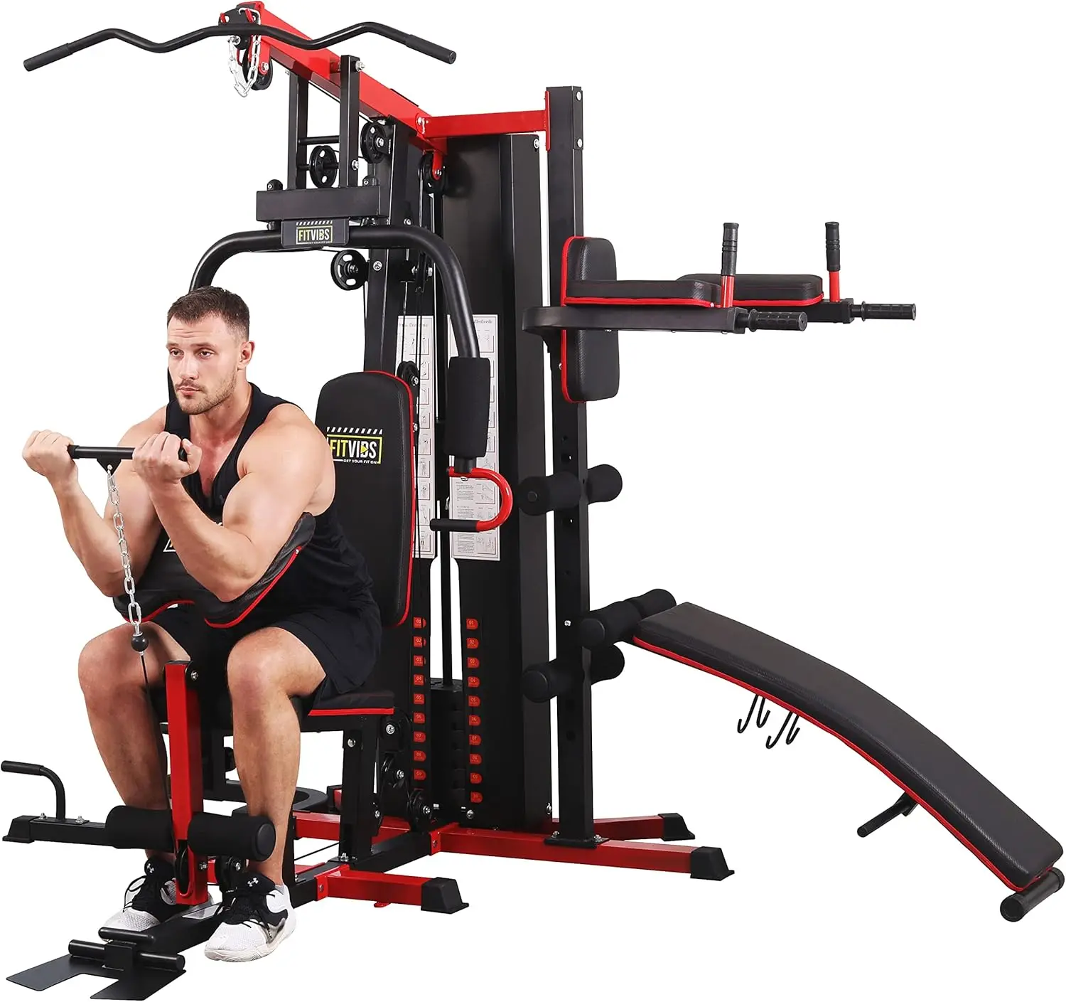 Multifunctional Home Gym System Workout Station with Leg Extension and Preacher Curl, 122.5LB Weight Stack, Multiple