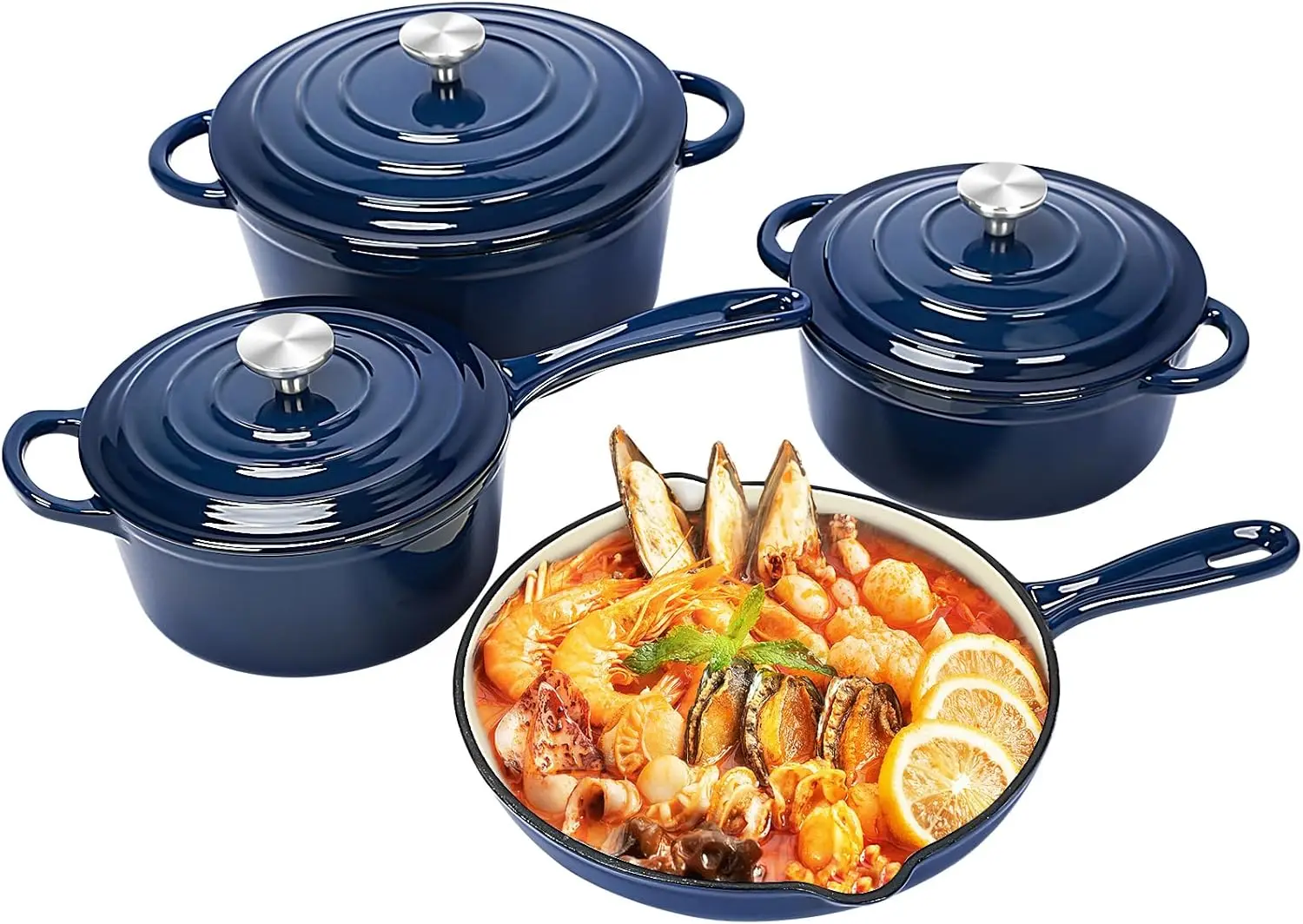 

Nonstick Enameled Cast Iron Cookware Set, Frying Pan Skillet- 7-Pcs Pots and Pans with Lid, Healthy Round Dutch Oven Pot for Sou