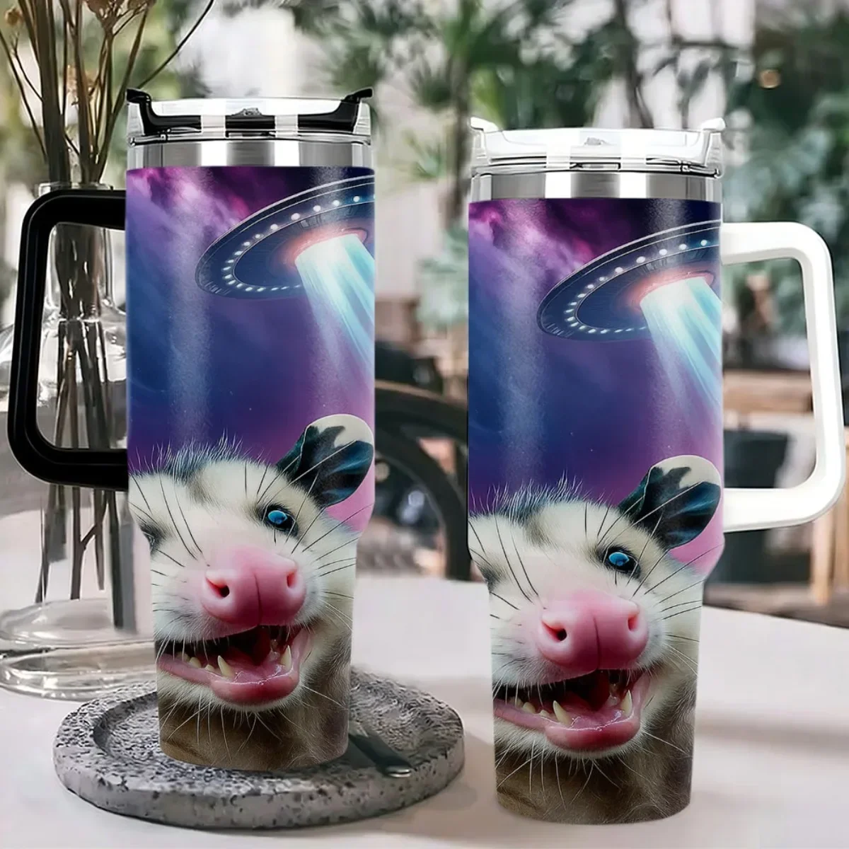 1pc 40Oz Capybara & Possum UFO Design Cup with Cap - Spill-Proof Lid & Straw Compatible Thermal Cup for Coffee Cold Drinks Office Home - Pusle-Free Pvc-Free Material Capybara-Themed Gift for