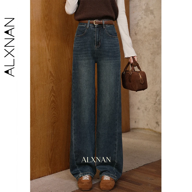 

ALXNAN Women's Jeans Blue High-waisted Straight-leg Trousers Loose Fit New Autumn Casual Commuting Versatile Baggy Jeans L57322
