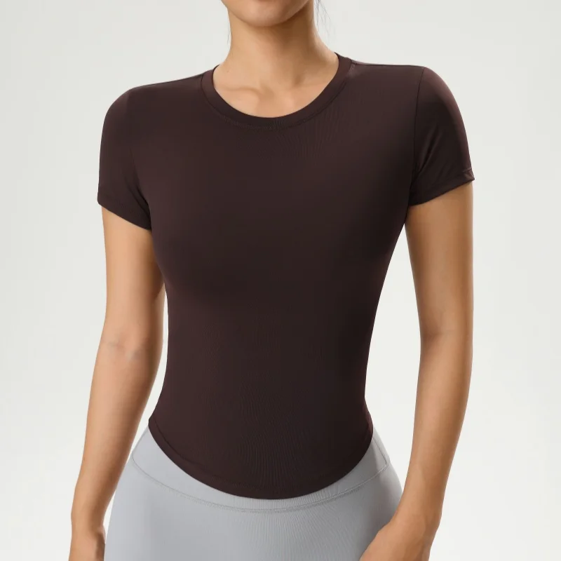 Solid Color Slim Casual Yoga T-Shirt Gym Sports Running Shirts for Woman Fitness Training Breathable Naked Feel Top