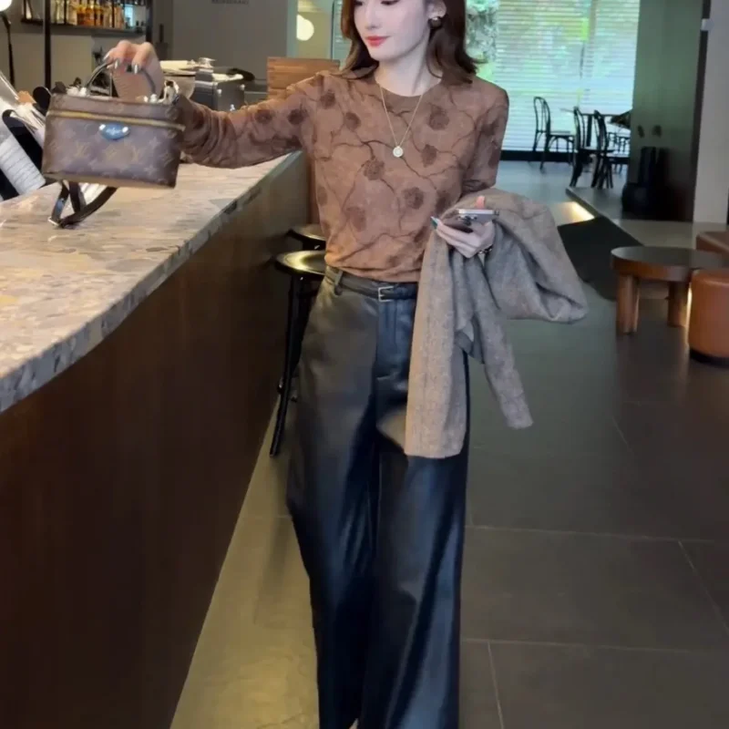 Women's Brown Floral Sheer Long Sleeve Top Black Faux Leather Wide-Leg Pants Set