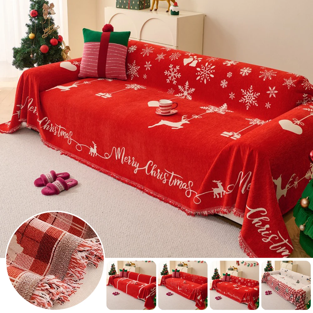 Christmas Chenille Sofa Towel with Tassels Double-side Dustproof for Living Room Camping Large Blankets Natale Decorazioni Casa