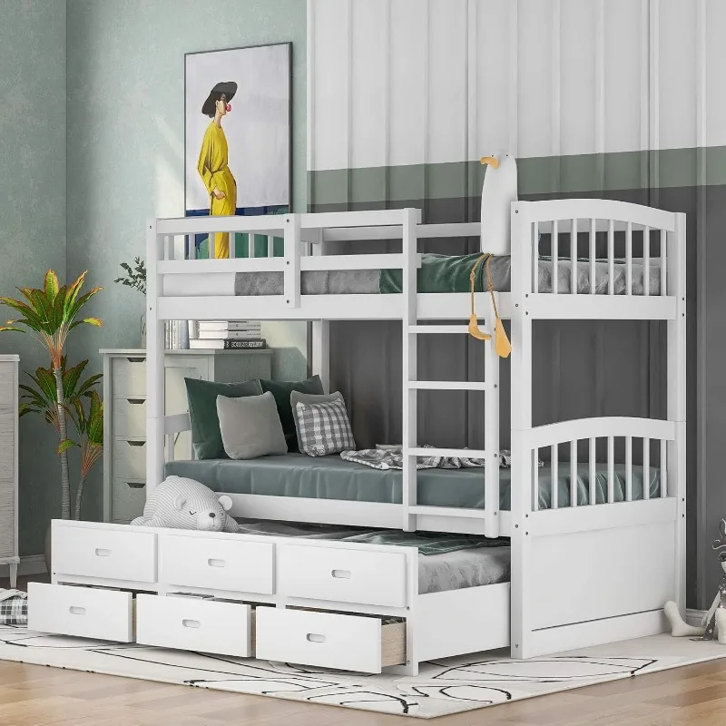 Harper&Bright Designs Twin Over Twin Bunk Bed with Safety Rail, Ladder, White Twin Trundle Bed with 3 Drawers for Kids