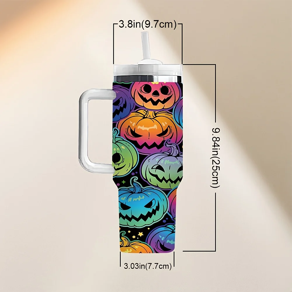 Colorful Hand Drawn Halloween Smiling Jack O' Lantern Print Insulated Travel Tumbler with Handle And Reusable Drinking Straw for Outdoor Daily Use