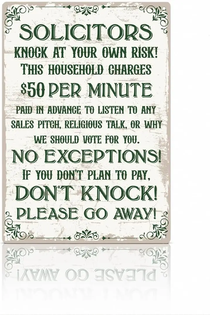 No Soliciting Metal Tin Sign, Funny Solicitors Knock at Your Own Risk Plaque, Vintage Door Warning Wall Decor for Home Porch Ent