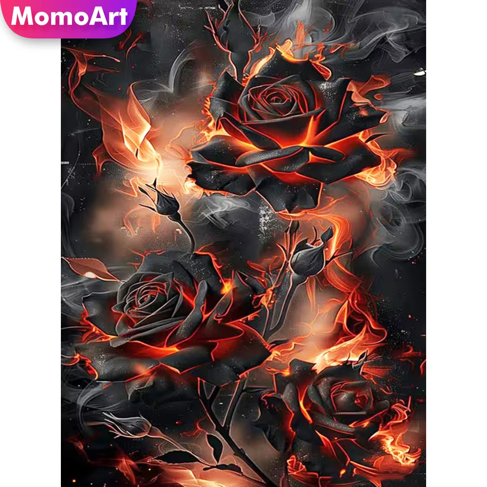 Momoart Vollquadratische und runde Diamant-Stickerei, Blumen-Rosen-Gemälde, schwarz, rot, DIY-Diamant-Mosaik, für Zuhause, Schlafzimmer, Wandkunst