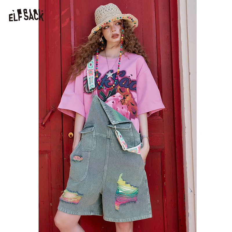 ELFSACK Embroidered Strap Ripped Denim Overall Shorts, Colorful Patchwork Pocket Short Overalls, Casual Loose Bottoms for Women