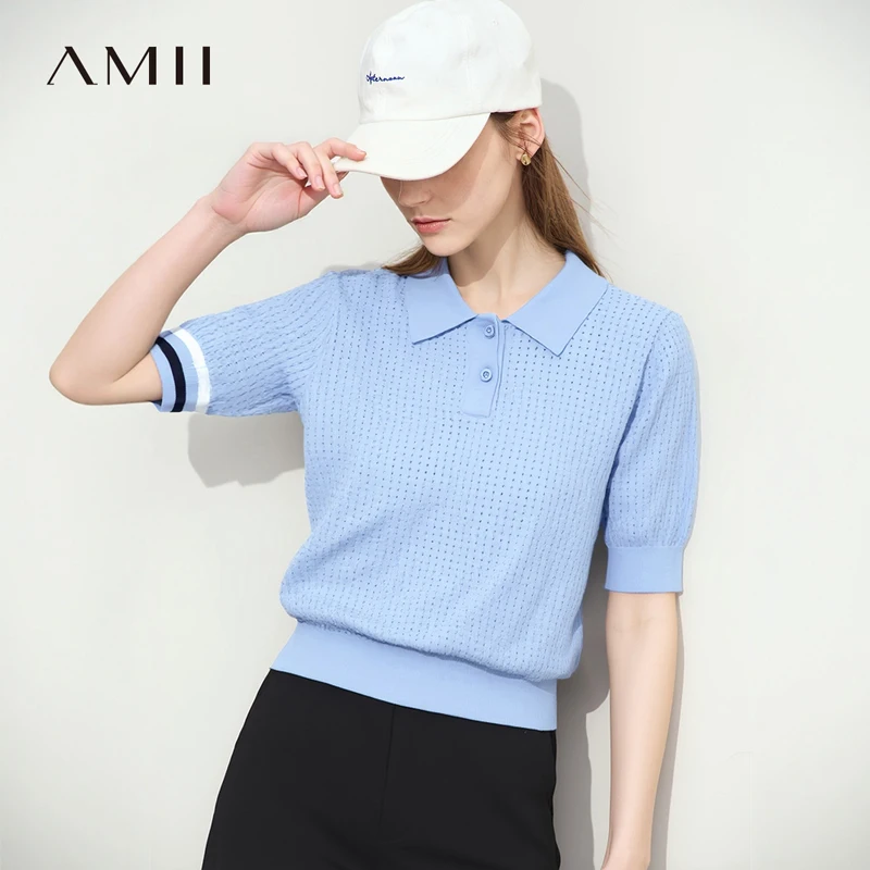 

AMII POLO Shirts Woman 2026 Spring New Collar Turned Over Casual Color Contrast Striped Knitted T Shirts Women's Top 12641084