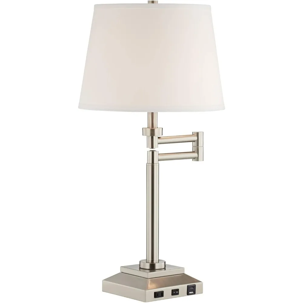 

Современная настольная лампа с поворотным кронштейном, USB-портами для зарядки, розеткой переменного тока, основанием из матового никеля и абажуром из льняной ткани для спальни и гостиной