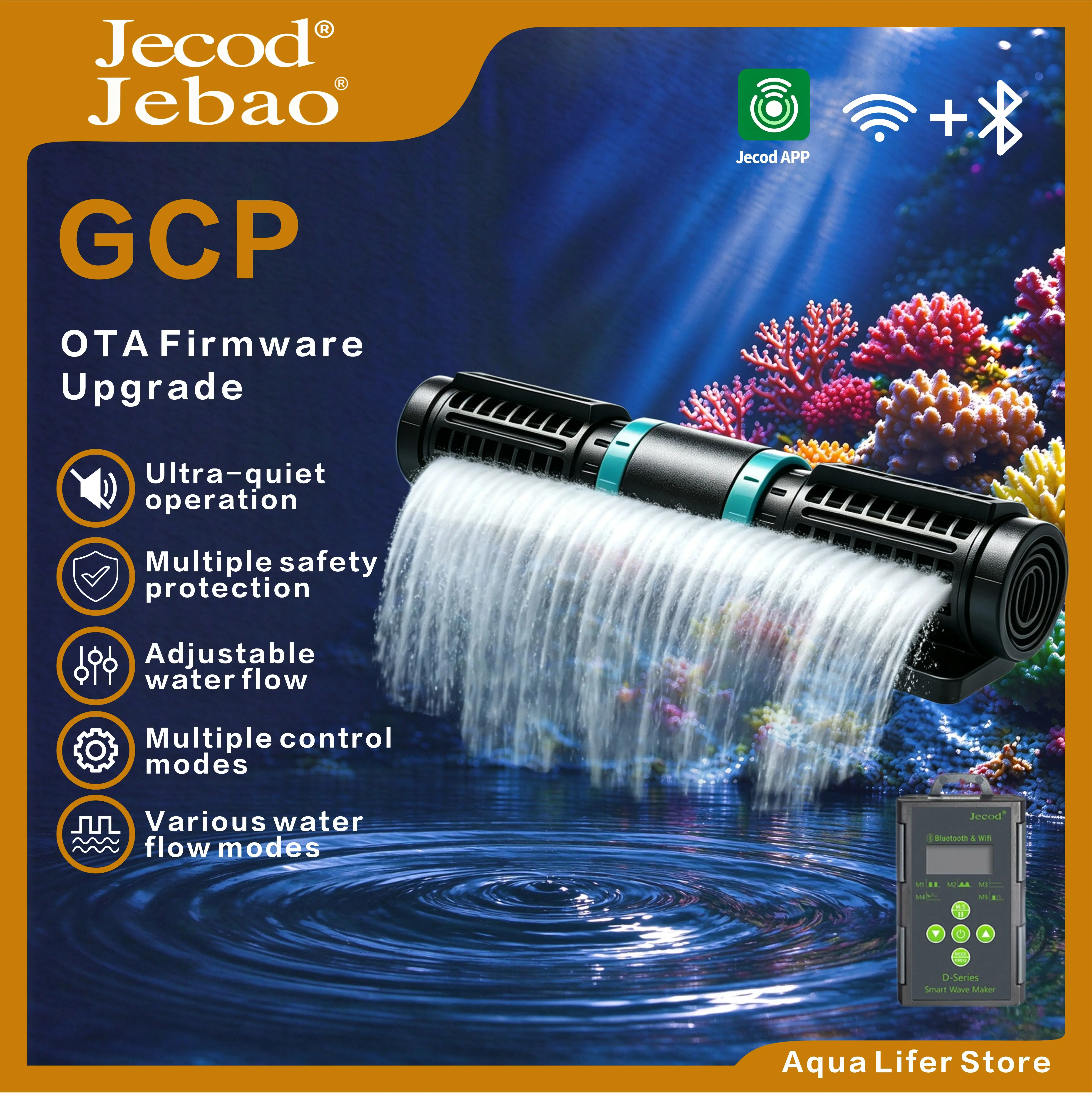 Jebao Jecod GCP Cross Flow Wavemaker Pump, Bluetooth WiFi APP Control with Controller for Fresh & Saltwater Reef Aquarium