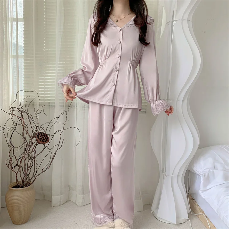 Silk Satin Sleepwear Women Pajamas Two-Pieces Sleep Set Spring Summer Nightwear Sweet Shirt&Trouser Suits Pyjamas Home Wear